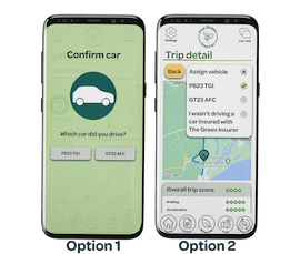 Screenshot of The Green Insurer app showing how to assign a trip to a specific vehicle.