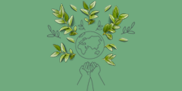 Illustration of a person holding the planet, surrounded by leaves and 4 illustrated leaves