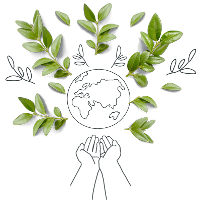 Illustration of a person holding the planet, surrounded by leaves and 4 illustrated leaves