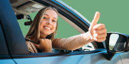 Image of young adult driving, with an illustration outline of the car