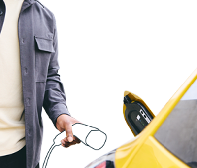 Driver plugging in an illustrated electric car charger into their yellow car