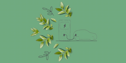 Electric car at a charging point surrounded by leaves